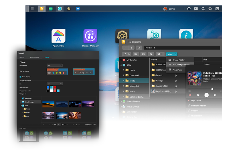 The ASUSTOR ADM 4.0 operating system interface showcasing the desktop, file explorer, and personalization settings in dark mode